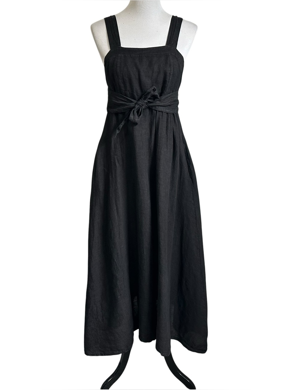 Francesca Bettini Womens Linen Sleeveless Midi Dress Sz Medium Black Tie Waist